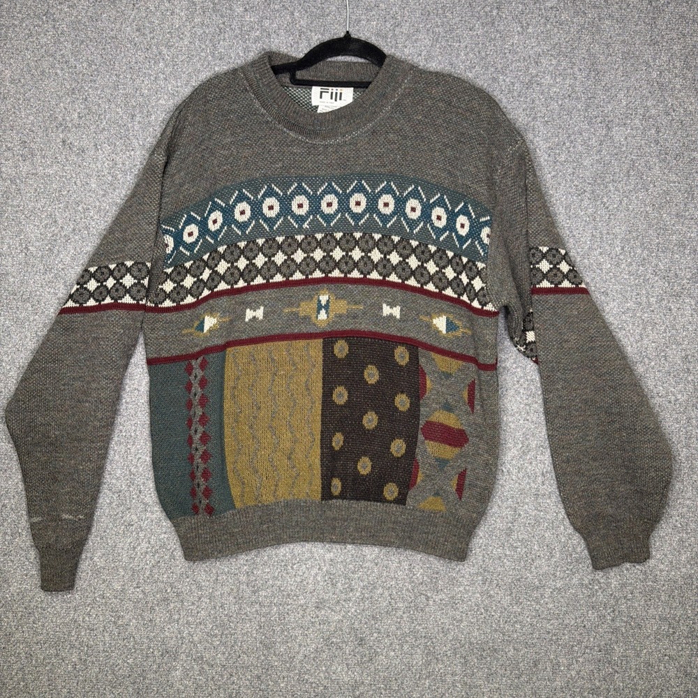 Fiii Italy Multi Pattern Fair Isle Crewneck Sweater Acrylic Gray Men M